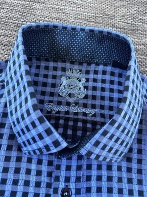 English 洗衣衬衫男式 XL 深蓝色和黑色格子长袖纽扣袖口 — 第 1/4 张图片