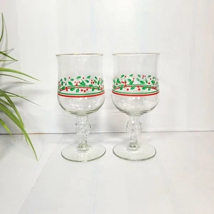 2 Vintage Arby's Holly Berries Christmas Collection Water Goblets, Bow Stem - Picture 1 of 6