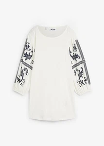 Longshirt mit Ärmelprint Gr. 40/42 Wollweiß Dunkelblau Damen Shirt Tunika Neu - Bild 1 von 1