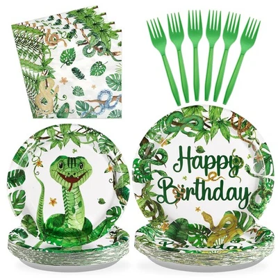96 Piezas Serpiente Cumpleaños Fiesta Suministros Reptil Selva Pantano Serpiente Platos y Na... Foto 1 de 4