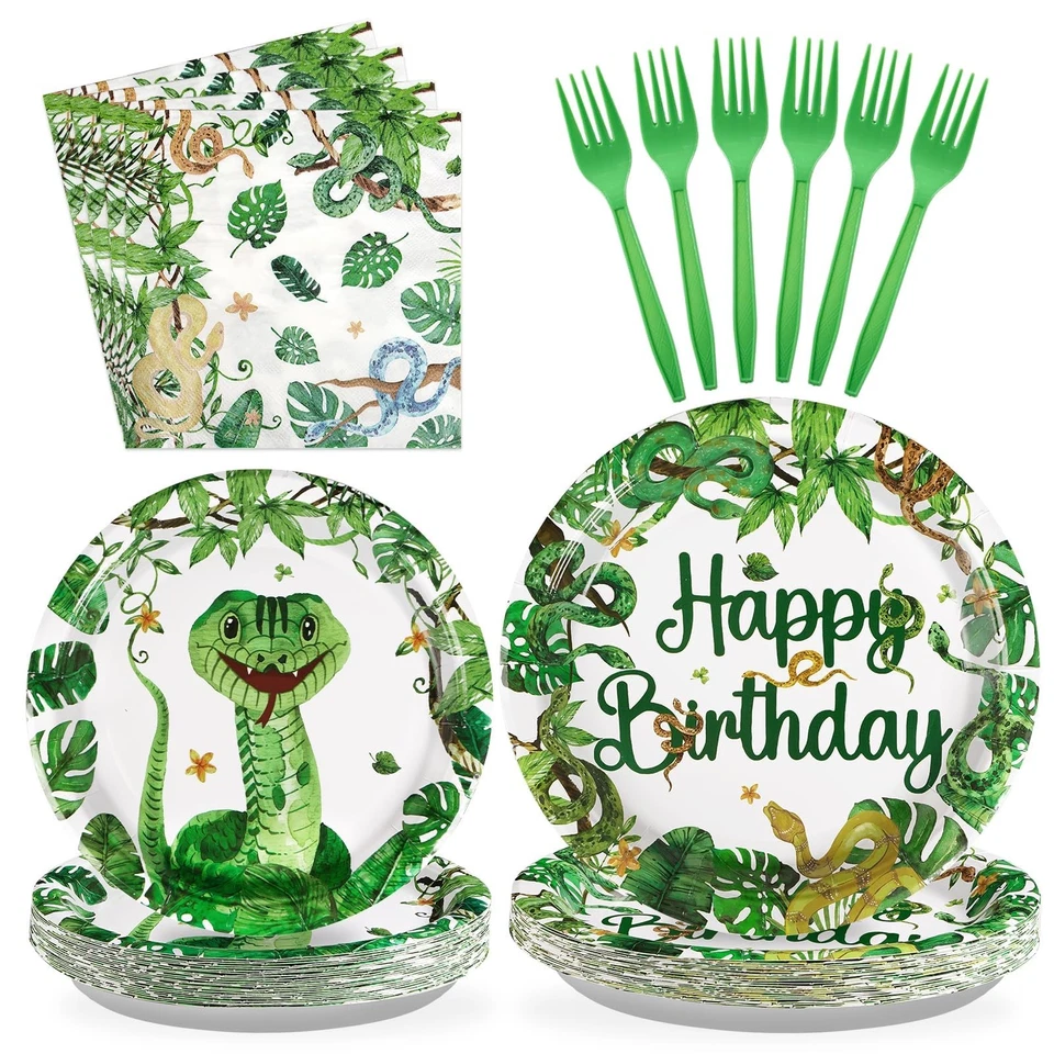 96 Pcs Snake Birthday Party Supplies Reptile Jungle Swamp Snake Plates and Na... - Image 1 of 4