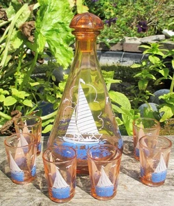 Mid 20th century 1960s Liquor Decanter Set & 6 Shot Glasses Yacht French Z - Picture 1 of 9
