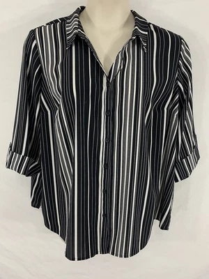 Catherines PLUS 1XWP 18WP 20WP Black & White Striped Button Up Shirt Blouse - Image 1 of 4