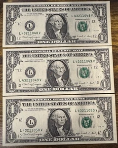 (3) 1988-A $1 Dollar Bills Consecutive Serial L43211049V L43211050V L43211051V - Picture 1 of 2
