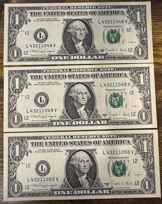(3) 1988-A $1 Dollar Bills Consecutive Serial L43211049V L43211050V L43211051V - Image 1 of 3