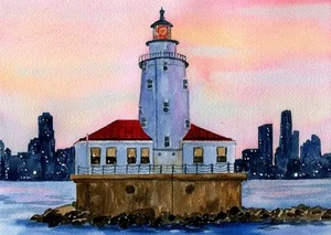 Chicago Harbor Lighthouse, Illinois. Lake Michigan Sonnenuntergang. Aquarell Kunstdrucke - Bild 1 von 4