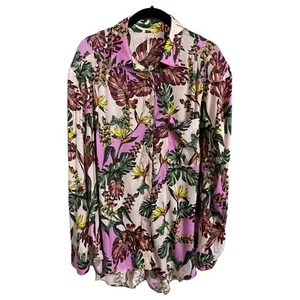Free People Satin Floral Sz M Button Up High Low Long Sleeve Shirt Pink Maroon - Picture 1 of 8