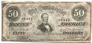 HELLE ORIGINALE ANTIKE BANKNOTE 1864 50 $ CSA KONFÖDERIERTE STAATEN VON AMERIKA - Bild 1 von 7