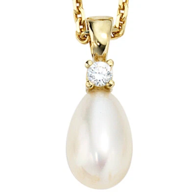 Glitzer Kettenanhänger Anhänger 333 Gold Gelbgold Perle weiß oval Süßwasser neu - Bild 1 von 3