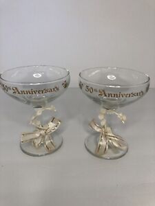 Set of 2- 50th GOLDEN WEDDING ANNIVERSARY GOLD TRIM CHAMPAGNE TOASTING GLASSES