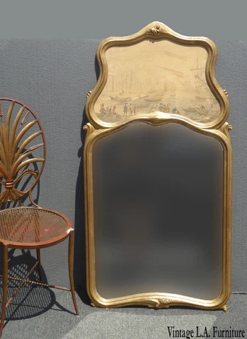 Vintage Trumeau Wall Mantle Mirror Made in Italy Picture of Boats in Harbor Cover