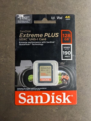SanDisk Extreme Plus SDXC UHS-I Card 128GB/190MB/s New Sealed - Image 1 of 2