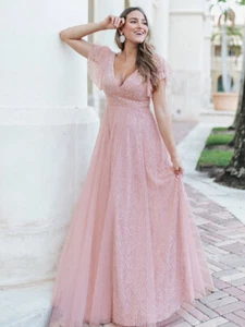 Women's Double V Neck Long Lace Evening Dress with Ruffle Sleeves (&Plus Size) - Picture 1 of 43
