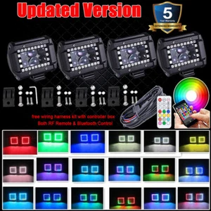 4x 4" 120W LED Work Light Spot Fog Pods w/ Chasing RGB Halo Remote & Bluetooth - Picture 1 of 10
