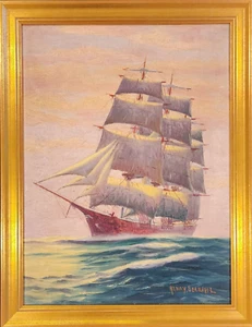 Sailboat Original Oil Painting Ocean Seascape Maritime Ship Henry Bernahl - Picture 1 of 15
