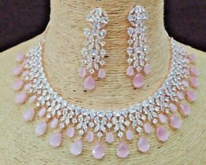 Bollywood Style Silver Polish Indian Jewelry CZ Bridal Choker Necklace Pink Set