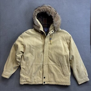 Vintage Nautica Parka Coat Jacket Coyote Fur Hood Leather Trim Mens 46 XL Yellow - Picture 1 of 20