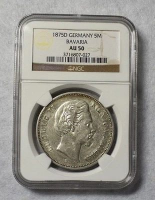 BAVARIA GERMANY 5 MARK 1875 D NGC CERTIFIED AU 50  SILVER ( stock# 164) - Image 1 of 2