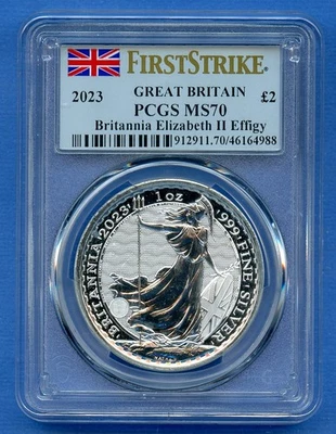 2023 PCGS MS70 GB 1oz Silver 2 Pounds Britannia Elizabeth II Effigy First Strike - Image 1 of 3