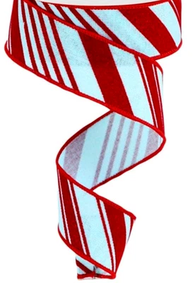 Christmas Red Velvet Ice Blue Diagonal Glitter Stripe 2.5" by 2 yd Wired Ribbon - Image 1 of 2