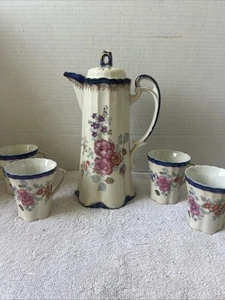 VINTAGE HOT CHOCOLATE POT W/4 CUP SET Hand Painted W/24k Gold Trim Nice! - Picture 1 of 18