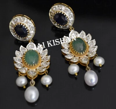 Echter Smaragd Saphir Perle Edelstein Polki Diamant 925 Sterlingsilber Ohrring - Bild 1 von 4