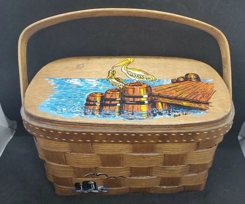 Vintage Painted Picnic Basket Handbag View of St Armands FL artist signed Cover
