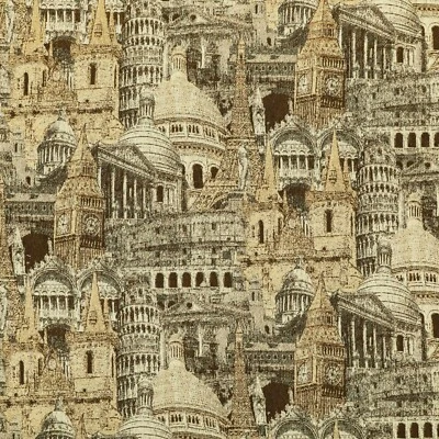 Fire Treated Famous World City Tourist Landmark Brown Chenille Upholstery Fabric - Image 1 of 4