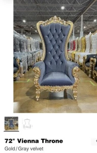 Throne Chair Grey Gold 63" Tall Hand Carved Wedding Party Chair - Picture 1 of 2