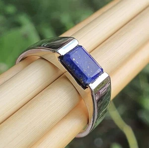 Emerald cut Lapis Lazuli Gemstone 925 Sterling Silver Wide Band Rings for Men - Picture 1 of 6