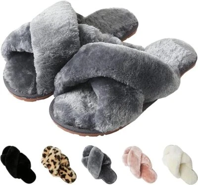 Slippers Ladies Womens Girls Faux Fur Cosy Fluffy Warm Flat Sole Sliders NEW - Image 1 of 4