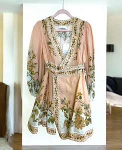 Abito Zimmermann nuovo con etichette manica lunga cotone chintz avvolgente, rosa margherita floreale taglia 1 - Foto 1 di 15