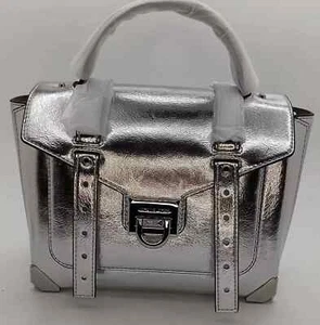 Michael Kors Manhattan Medium Crackled Metallic Leather Satchel Silver NWT - Picture 1 of 5