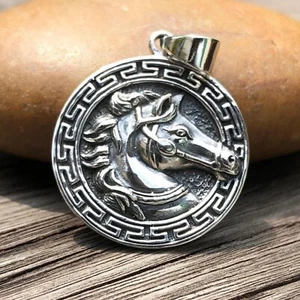Handcrafted 925 Sterling Silver Horse Pendant Greek Key Animal Amulet Pendant - Picture 1 of 6