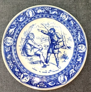 Antique Wedgwood Ivanhoe Flow Blue 10" Dinner Plate Wamba & Gurth the Swineherd - Picture 1 of 8