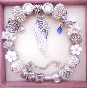 PANDORA SILVER BRACELET WITH WHITE GUARDIAN ANGEL WING EUROPEAN CHARMS & BOX! - Picture 1 of 7