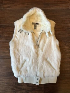 100% Real Rabbit Fur Vest Womens Sz Small Cream White Sweater Waist Moto Bomber - Picture 1 of 7