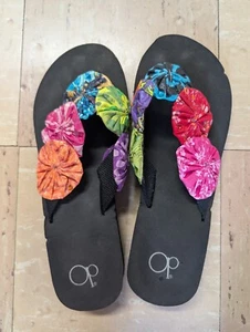 OP Womens Wedge heel flip flop hand decorated Black Size 7-8 - Picture 1 of 5
