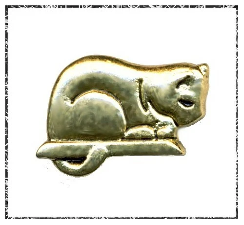 Botón realista gato de metal amarillo en una repisa Foto 1 de 1