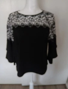 CHICOS 2 Black Label Lace Yoke Top Elbow Bell Sleeves Contrast Crew-neck Blouse - Picture 1 of 7