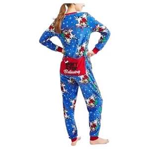 Santa Unicorn Christmas Pajamas One Piece Drop seat Don't Stop Believing size M - Picture 1 of 9