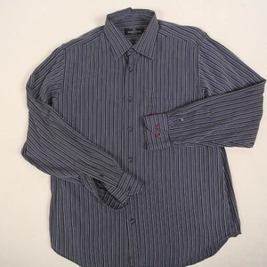 BUGATCHI Uomo Mens Shirt Button Up Long Sleeve Adult M Blue Black Striped - Picture 1 of 8