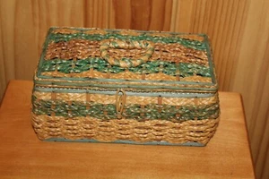Vintage Woven Tan & Green Rectangular Sewing Basket - Picture 1 of 9