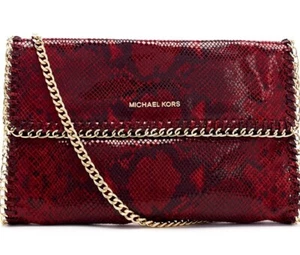 Michael Kors Oversize Chelsea Python Embossed Red Clutch Bag Gold Chain Rare - Picture 1 of 12