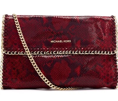 Michael Kors Oversize Chelsea Python Embossed Red Clutch Bag Gold Chain Rare - Image 1 of 4