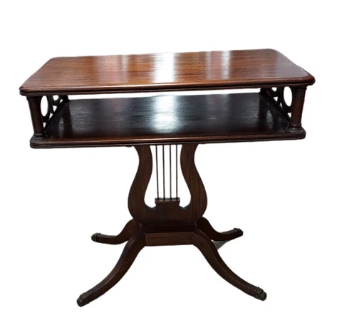 Duncan Phyfe Mahogany Wood Lyre Harp Side/Accent Table- Dainty Brass Claw Feet Cover