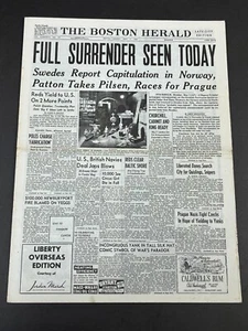 WW2 Boston Herald Newspaper May 7 1945 Norway Surrender Patton Pilsen Prague +++ - Picture 1 of 10