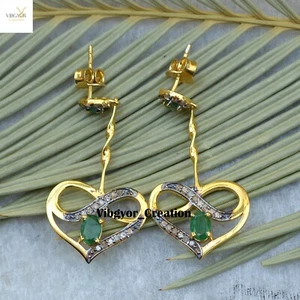 Pave Diamond Dangle Earrings Emerald 925 Sterling Silver Gold Vermeil Jewellery - Picture 1 of 5