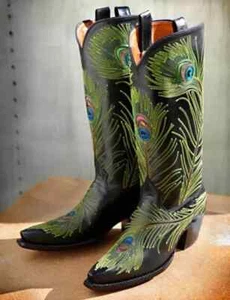 New Handmade Men Bespoke Cowboy Purdy Peacock Blk Black Western Dress Boots - Picture 1 of 9