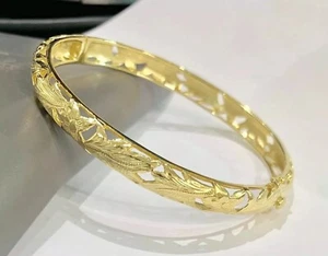 Sterling Silver Gold Plated Plumeria Maile Flower Scroll Hawaii Bangle Bracelet - Picture 1 of 4
